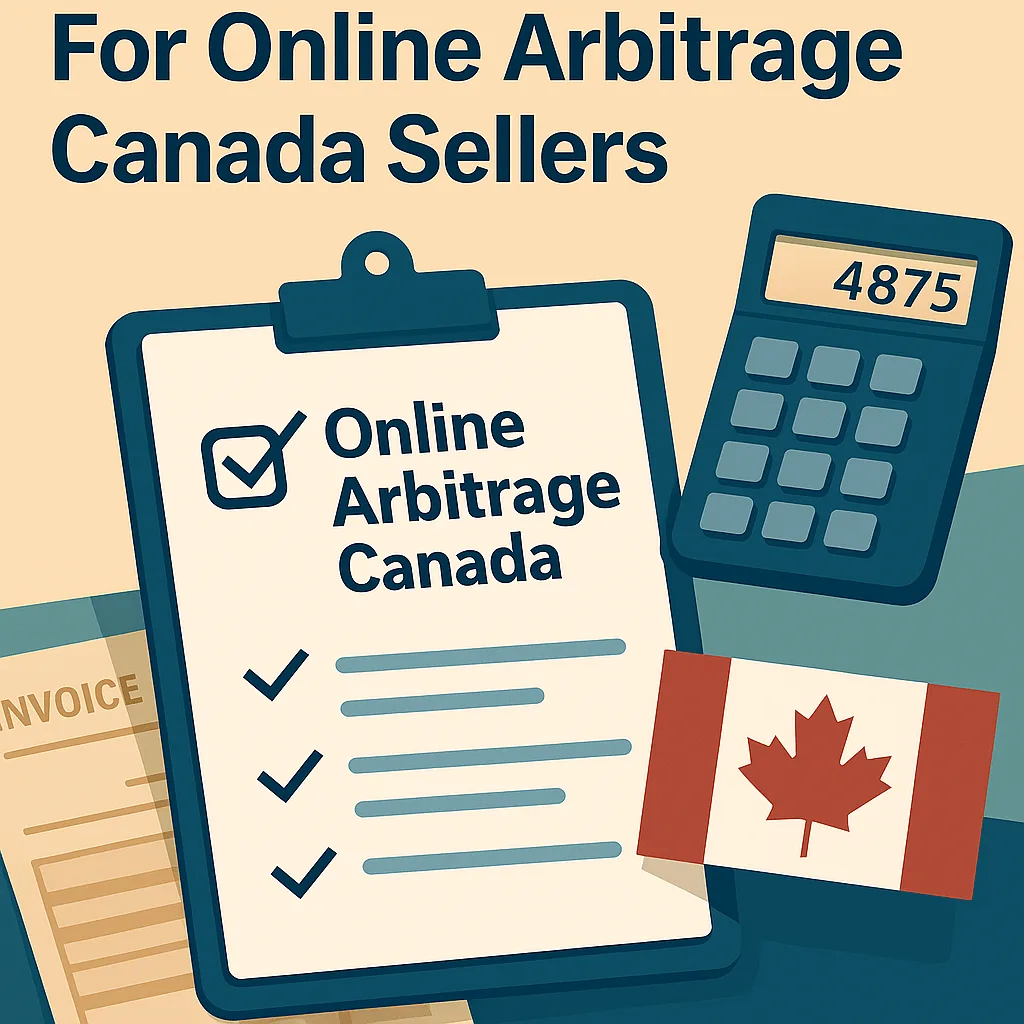 Flat banner showing an e-commerce seller reviewing tax and import documents with a canada map and beta prep boxes — online arbitrage canada.