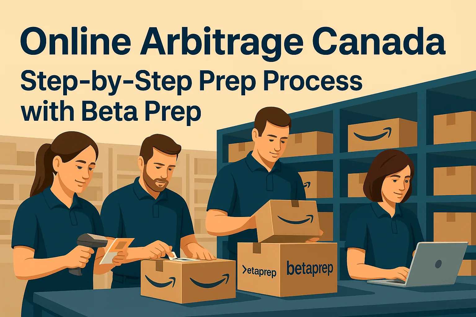 Beta prep canada team preparing and labeling amazon fba boxes — online arbitrage canada prep process illustration.