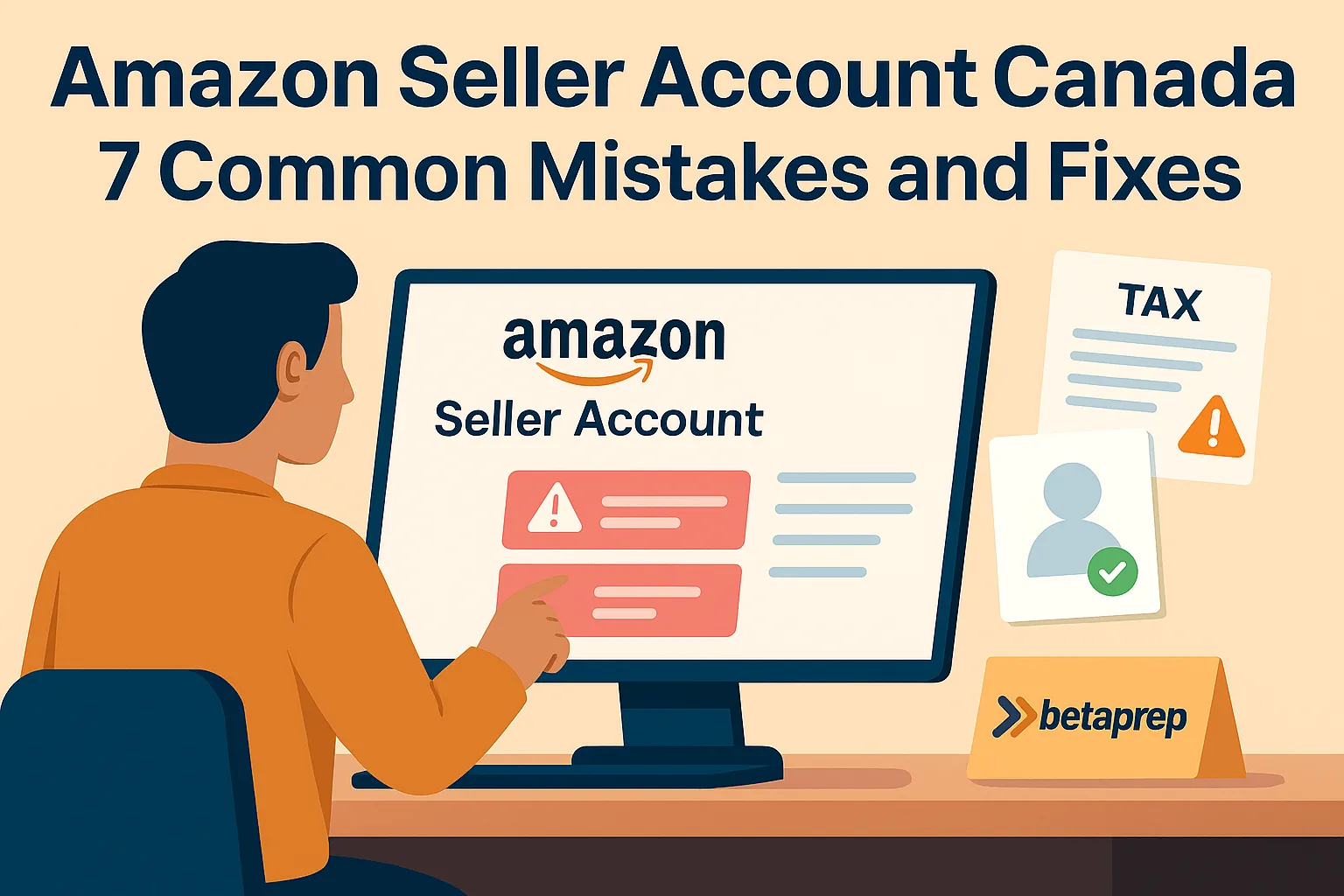 Person reviewing amazon seller account setup on a computer — beta prep canada illustration about common account mistakes and fixes.