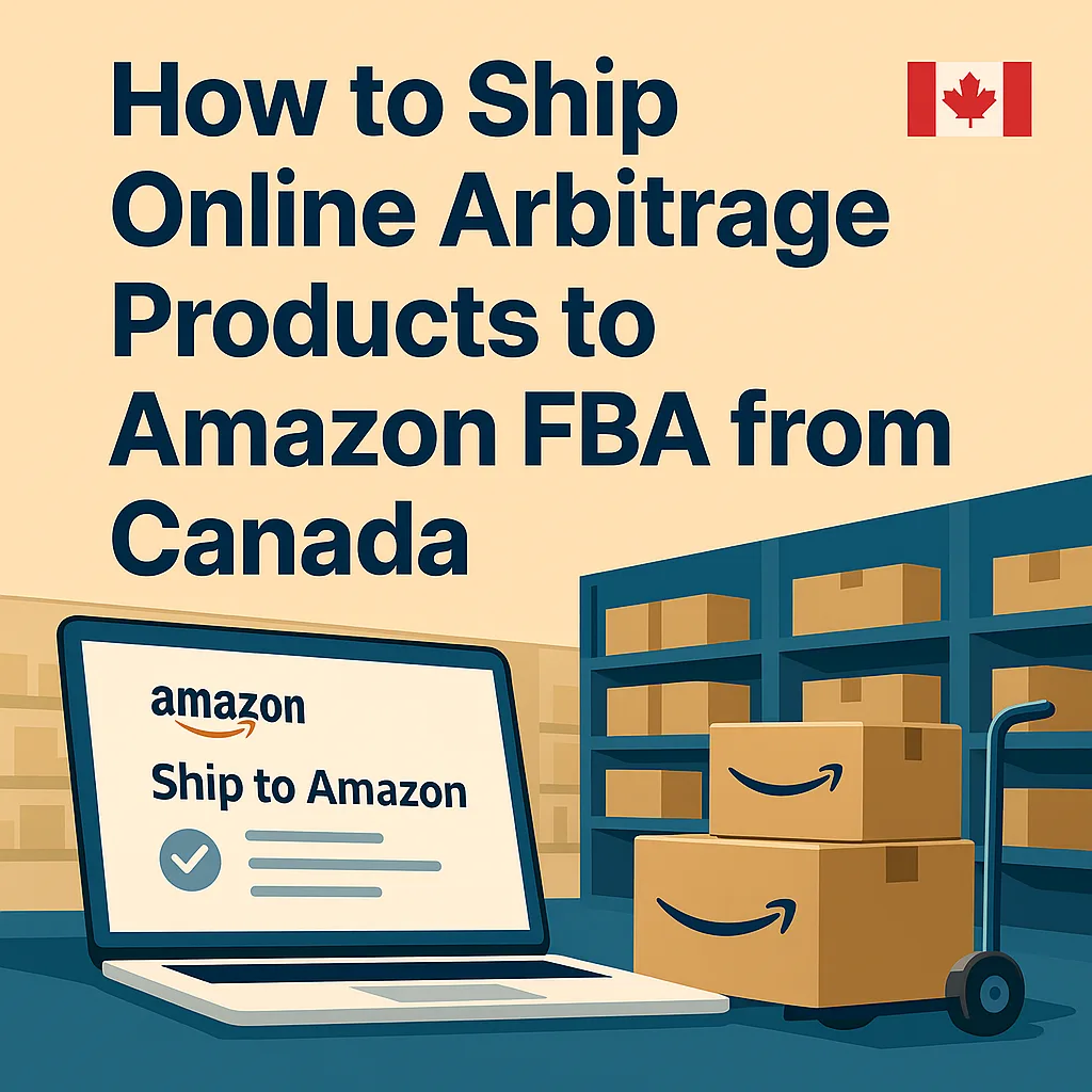Flat illustration showing online arbitrage canada shipping process to amazon fba with beta prep warehouse and canadian flag.